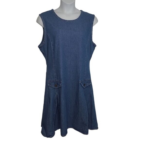 VINTAGE 90s denim pinafore dress pleated sleeveless kidcore L - Picture 1 of 9